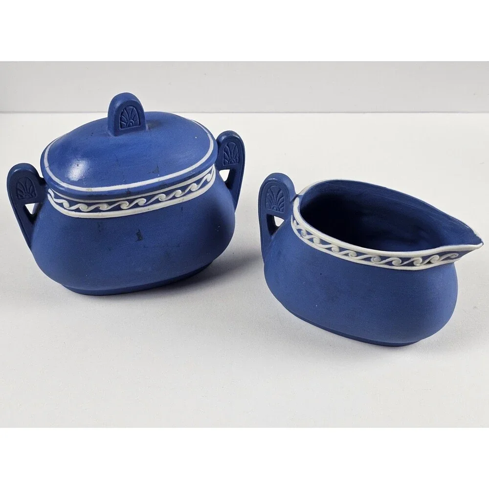 Jasperware Cream on Blue Oval Sugar Bowl w/ Lid & Oval Creamer w/ Handle Japan